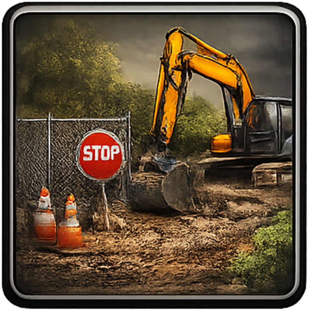 Yellow excavator at construction site behind a fence with a stop sign and safety cones.