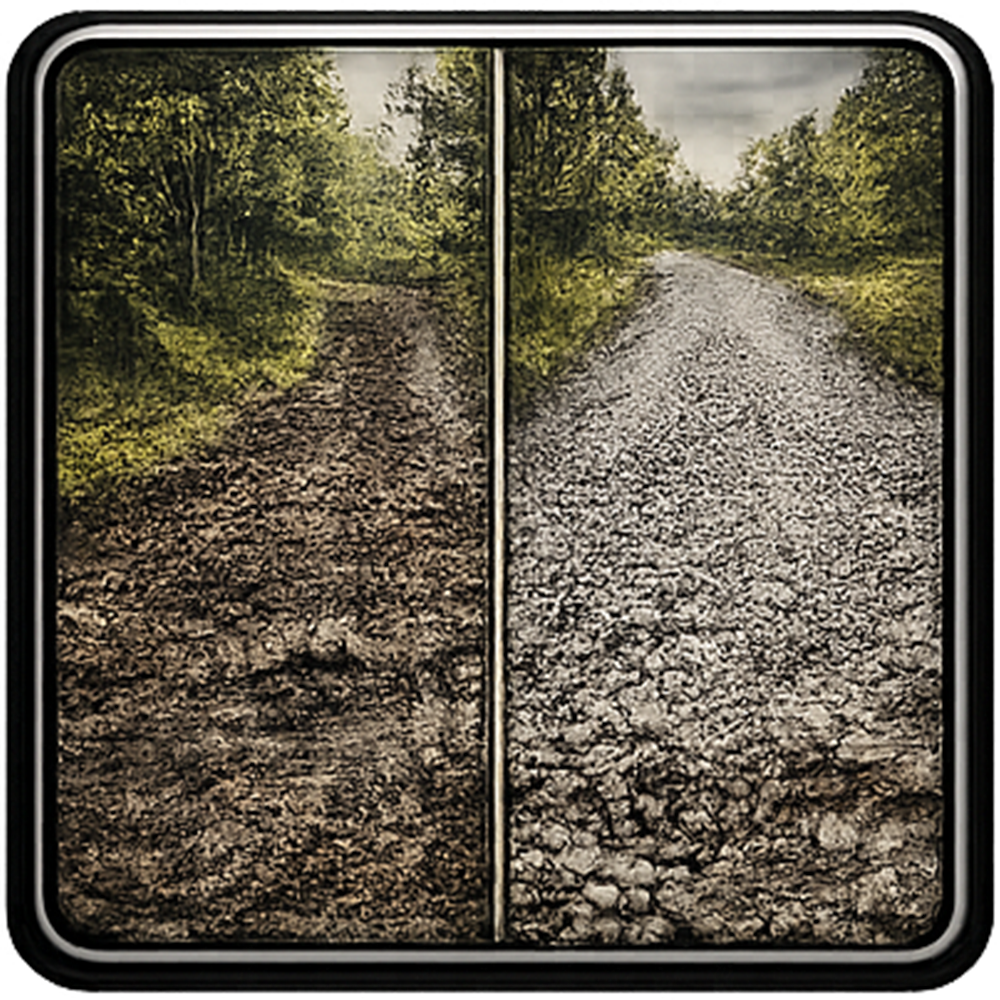 Two paths side-by-side: muddy dirt and gravel. Forest on either side.