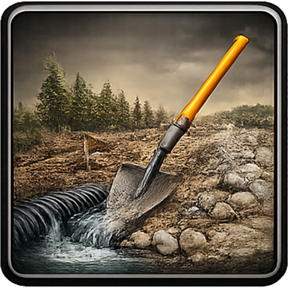 Shovel angled over drainage pipe, water flowing from ditch. Forest backdrop, overcast sky.