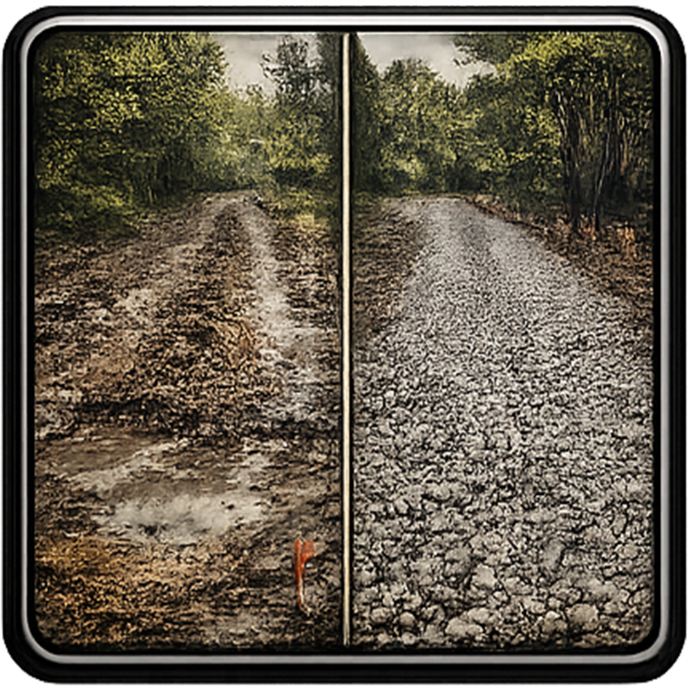 Muddy dirt road transitioning to gravel path, bordered by trees on either side.