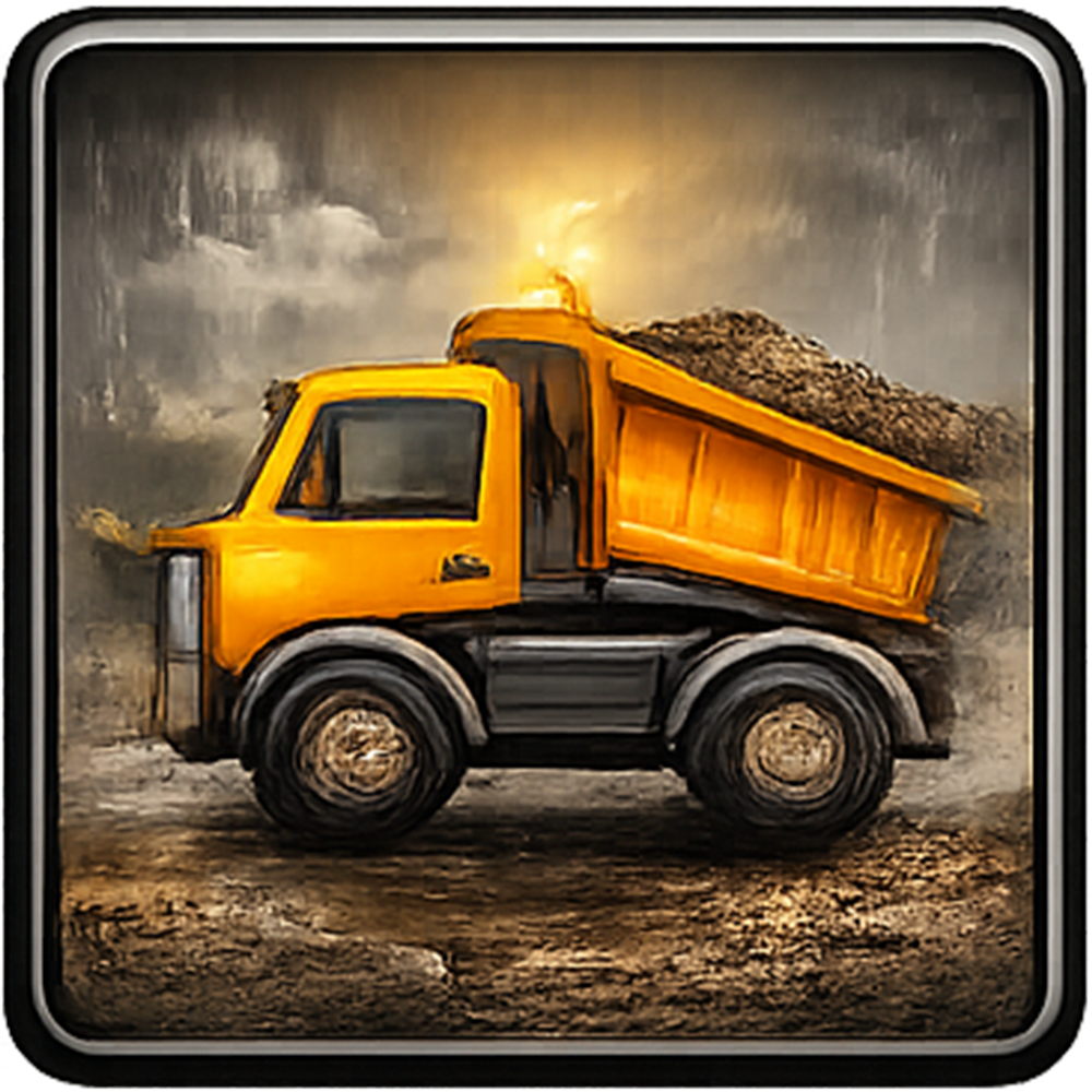 Yellow cartoon dump truck filled with dirt, under overcast sky.