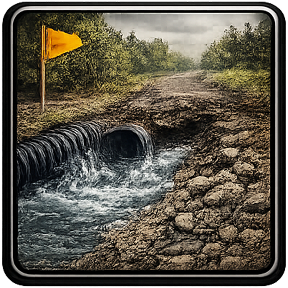 Water flows from a pipe beneath a dirt road, yellow flag in the distance.