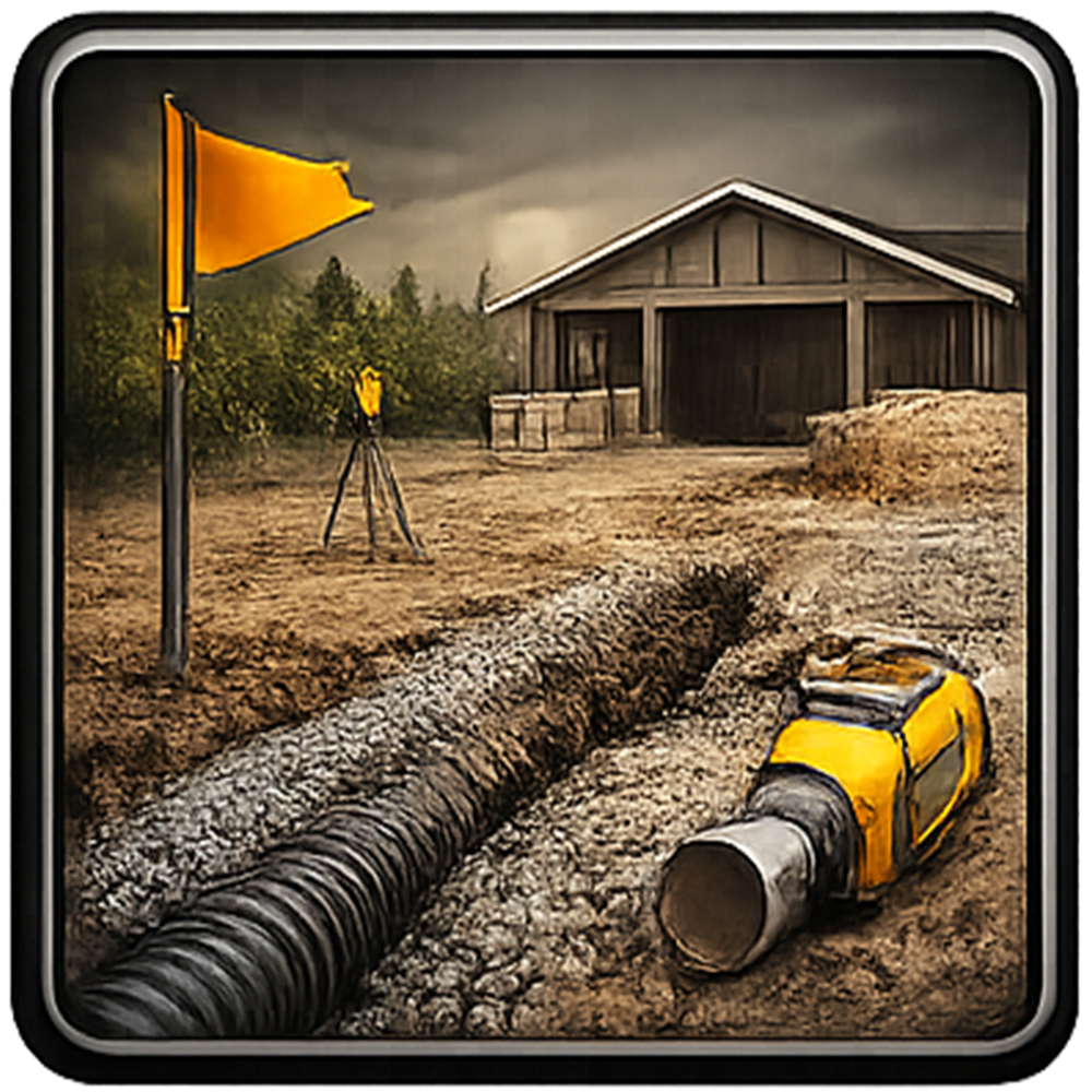 Construction site with yellow flag, building, trench with pipe, and machinery.