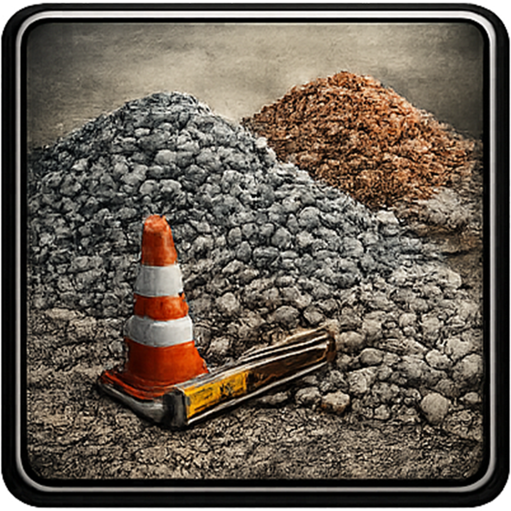 Construction site with orange cone, level, and piles of gravel.