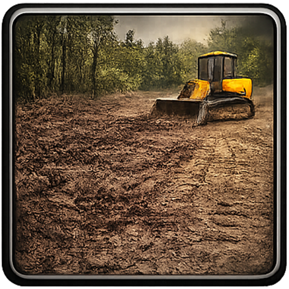 Yellow bulldozer clearing mud in a wooded area.
