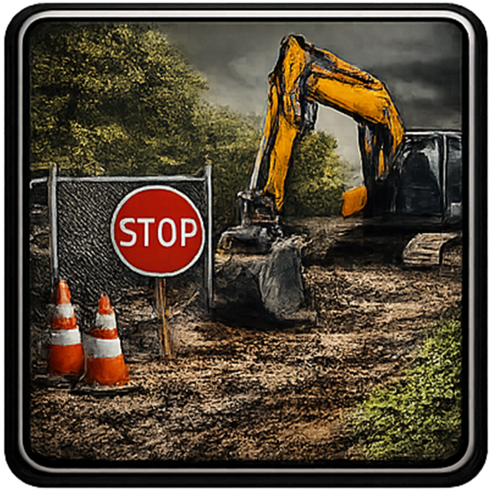 Construction site: excavator, stop sign, cones, dirt, trees, cloudy sky.