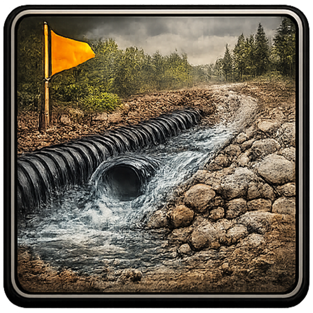 Yellow flag by stream flowing through culvert in muddy landscape.