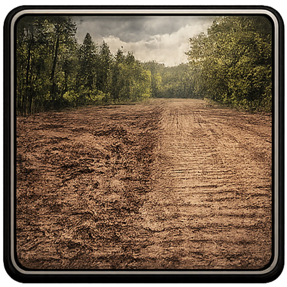 Dirt road through a forest; muddy ground contrasts with trees under a cloudy sky.
