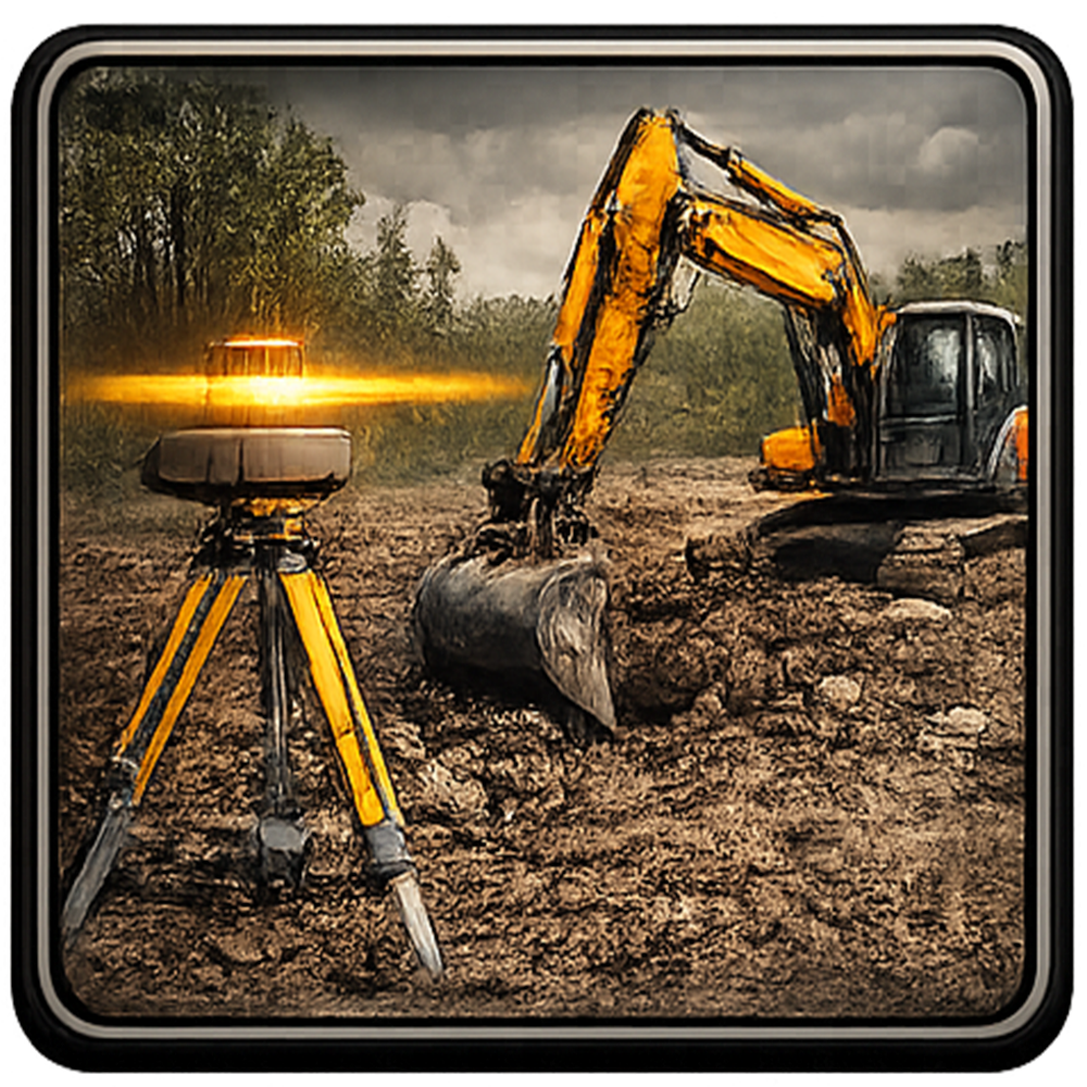 Leveling equipment and excavator on a construction site.