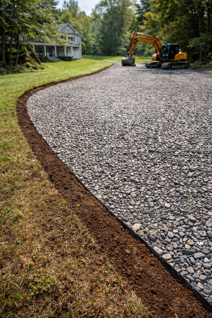 Gravel driveway under construction, with an excavator. Dirt border separates driveway from grass. Sunny outdoor setting.