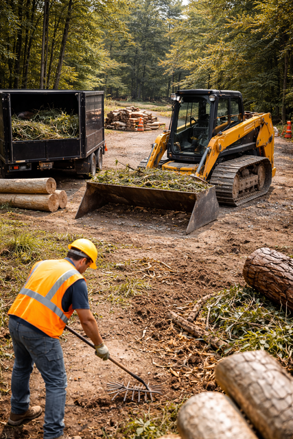 Man rakes debris near a yellow track loader filling a trailer. Logs and trees in the forest setting.