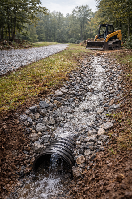 Stream of water flowing through rocks and a culvert, with a gravel road and excavator in the background.