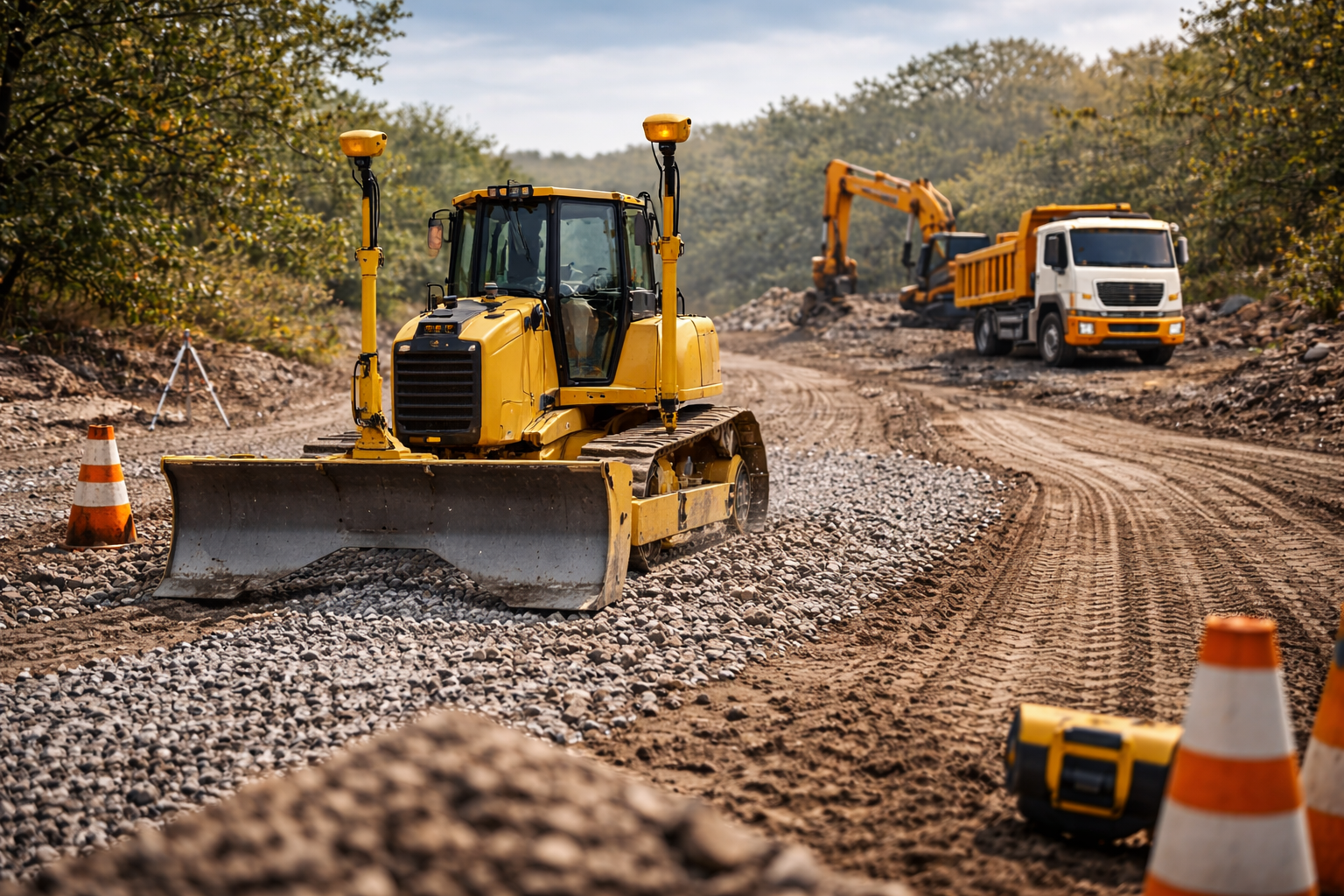 Yellow bulldozer and other construction vehicles working on a gravel road in a wooded area.