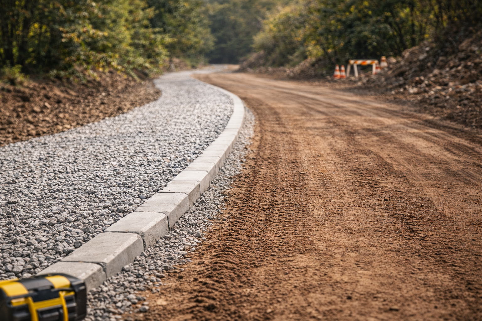 Road construction with gravel shoulder and concrete curb; dirt road curves through trees.