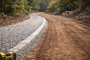 Road under construction with gravel shoulder, curb, and dirt surface.