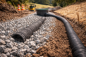 Drainage system installation with black corrugated pipes surrounded by gravel in a trench.