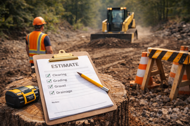 Construction site scene: Worker with estimate clipboard, back to camera, bulldozer in background.