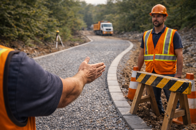 Construction workers by a newly built gravel road, with an orange dump truck in the distance.