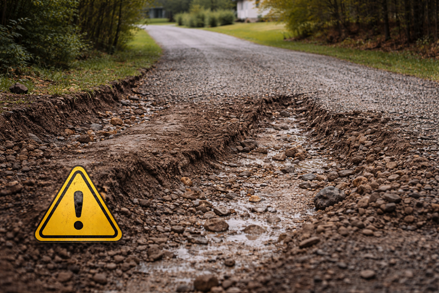 Warning sign on a gravel road with deep ruts and water.