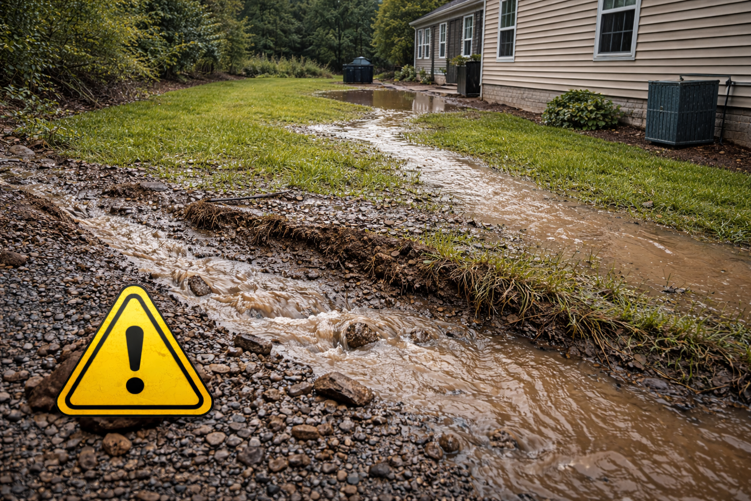 Flooding of a yard with a stream of water flowing past a house, warning sign in foreground.