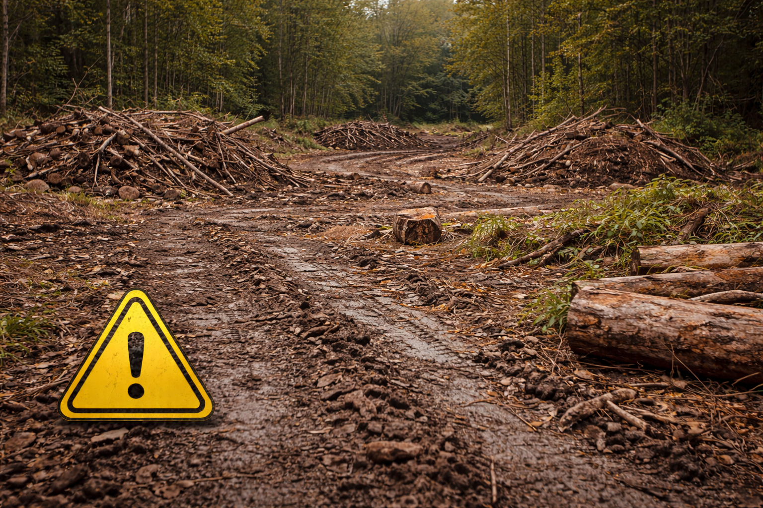 Deforested area with piles of logs, mud, and a yellow warning sign.