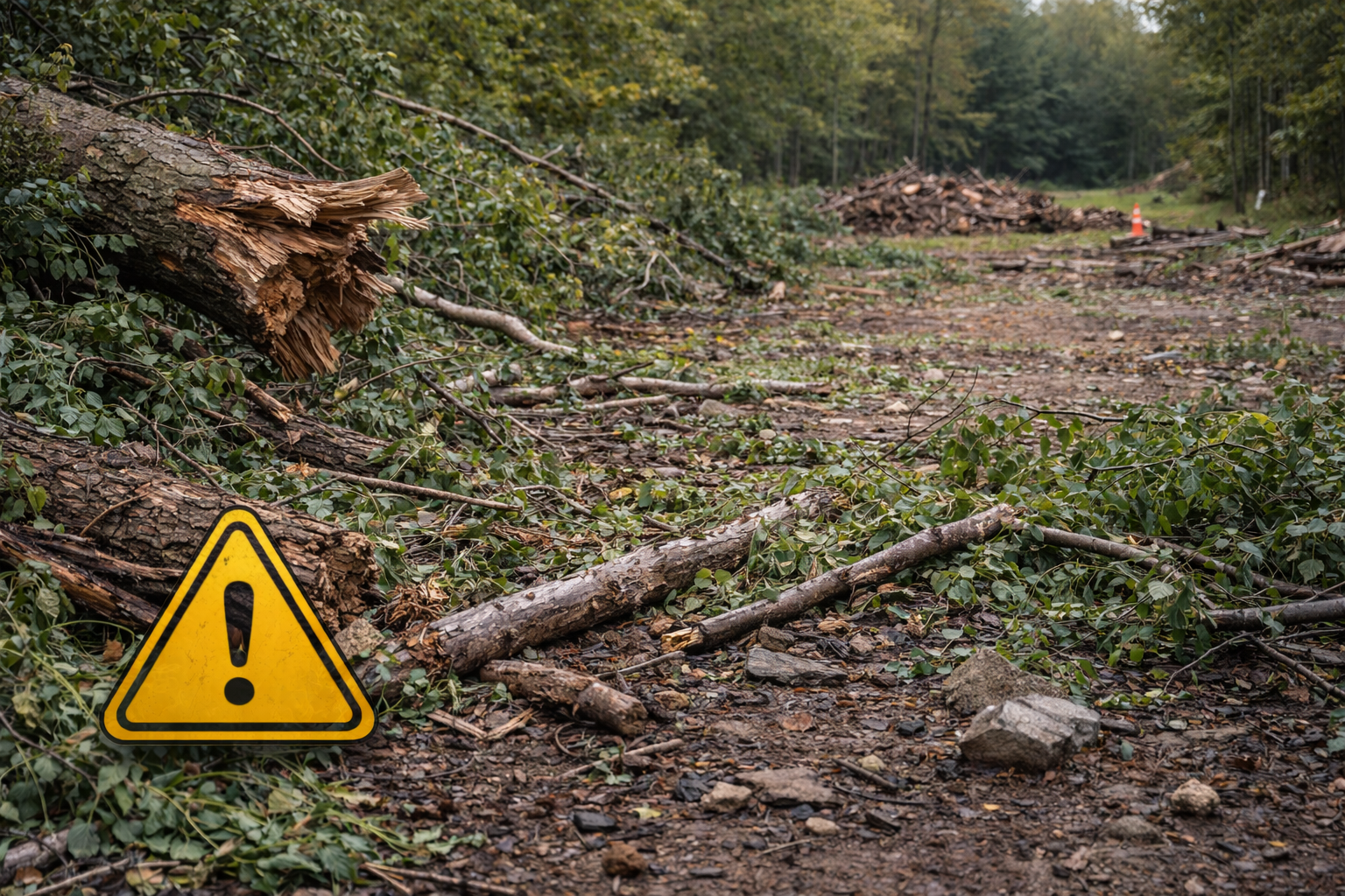 Yellow warning sign on a forest floor covered in fallen trees, branches, and debris.