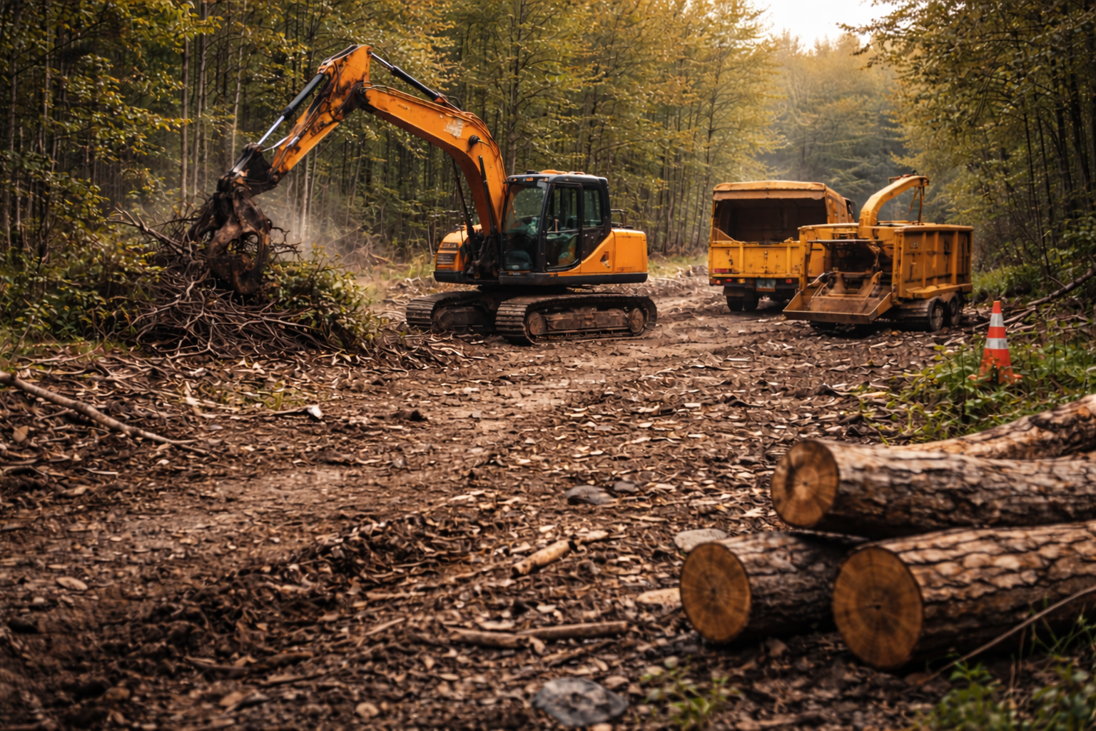 An excavator and wood chipper clear trees in a forest. Logs lie in the foreground.