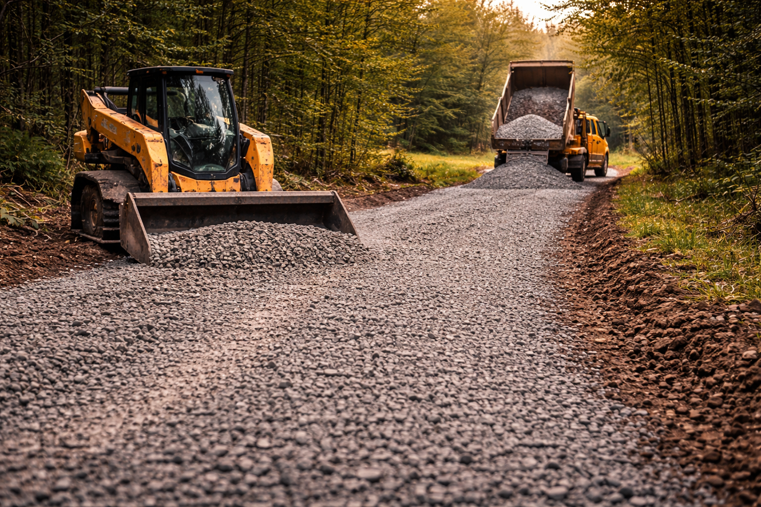 Yellow construction vehicles grading gravel on a dirt road through a wooded area.