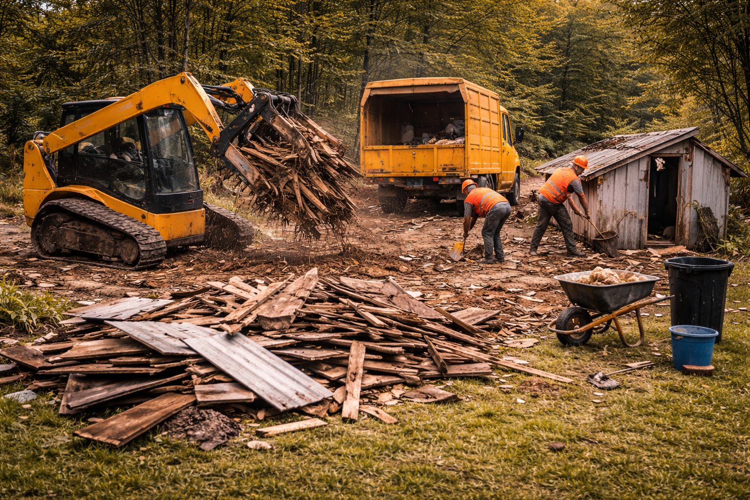 Construction workers clearing debris with machinery; yellow truck and skid steer, shed in background.