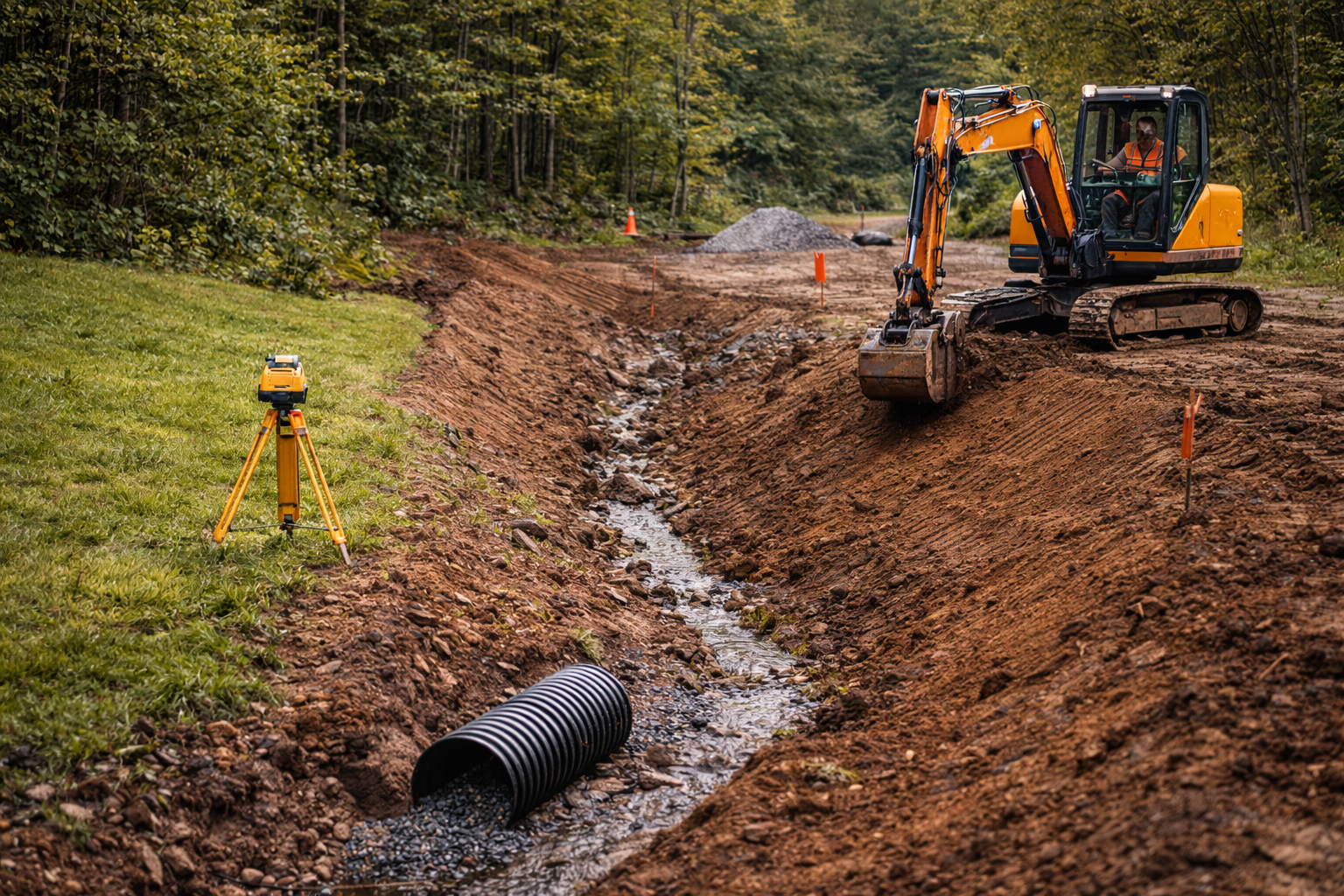 An excavator digs a ditch for a culvert in a muddy construction site near trees.