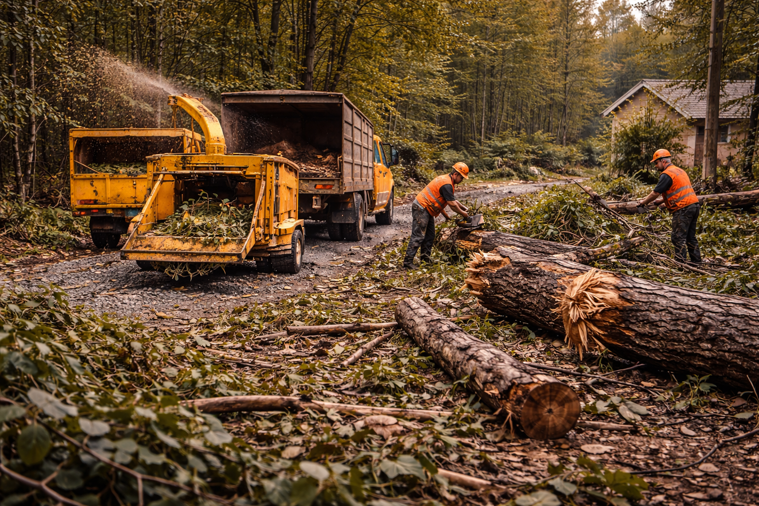 Workers using wood chipper to process felled trees in a forest.
