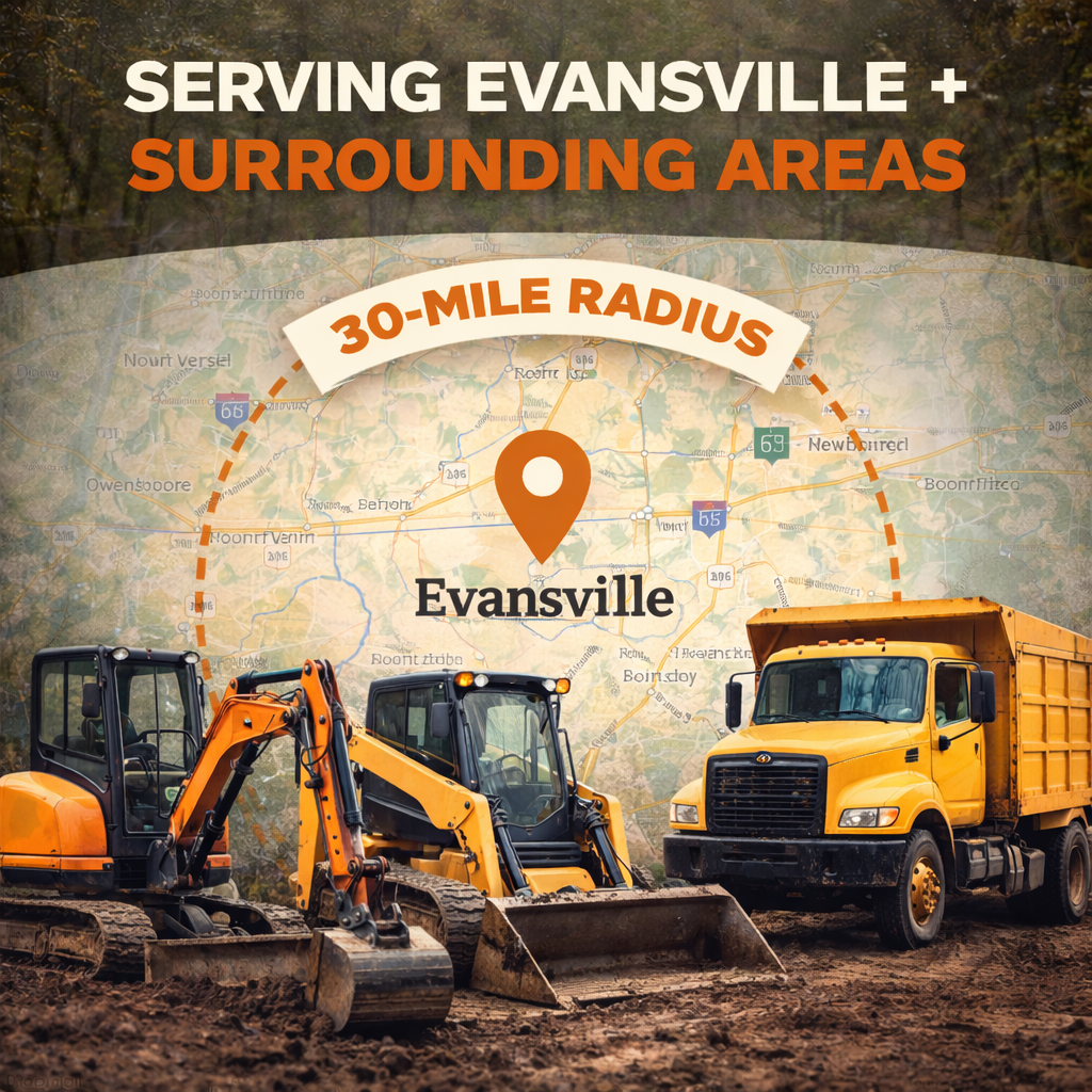 Heavy construction equipment serving Evansville and surrounding areas within a 30-mile radius.