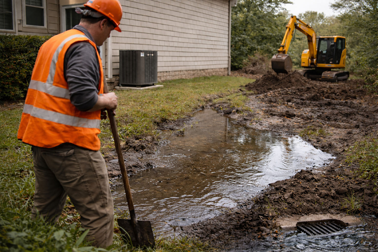Construction worker in orange vest and hard hat shovels mud near a ditch and mini-excavator.