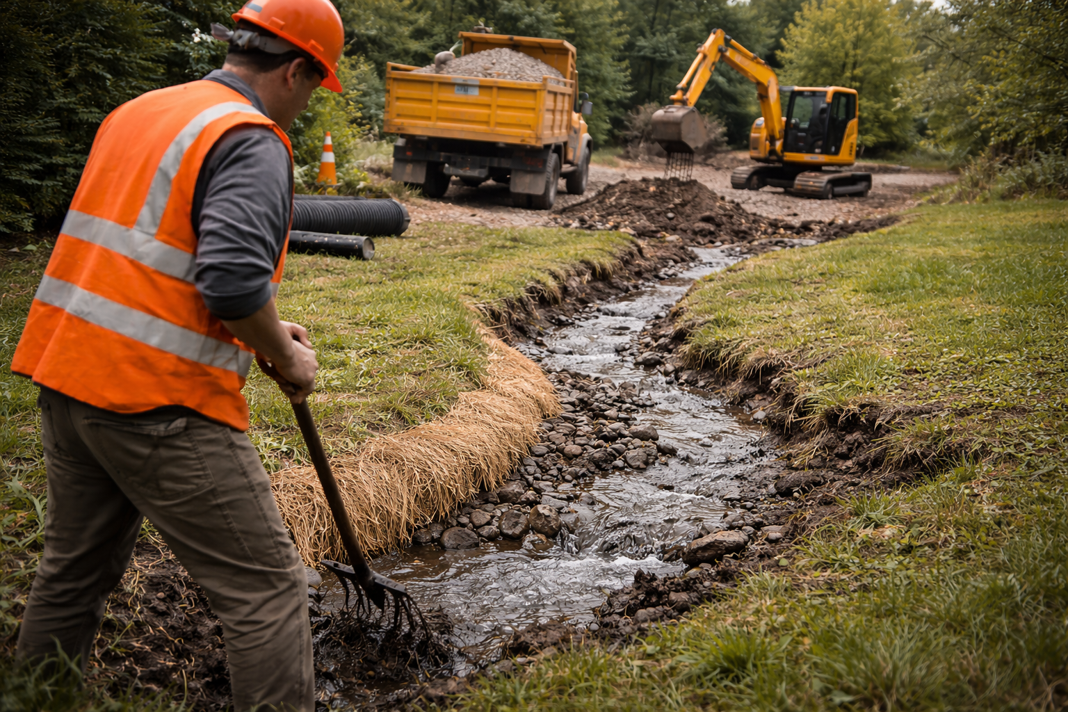 Construction worker shoveling a stream, wearing an orange vest and hardhat, with an excavator and dump truck in the background.