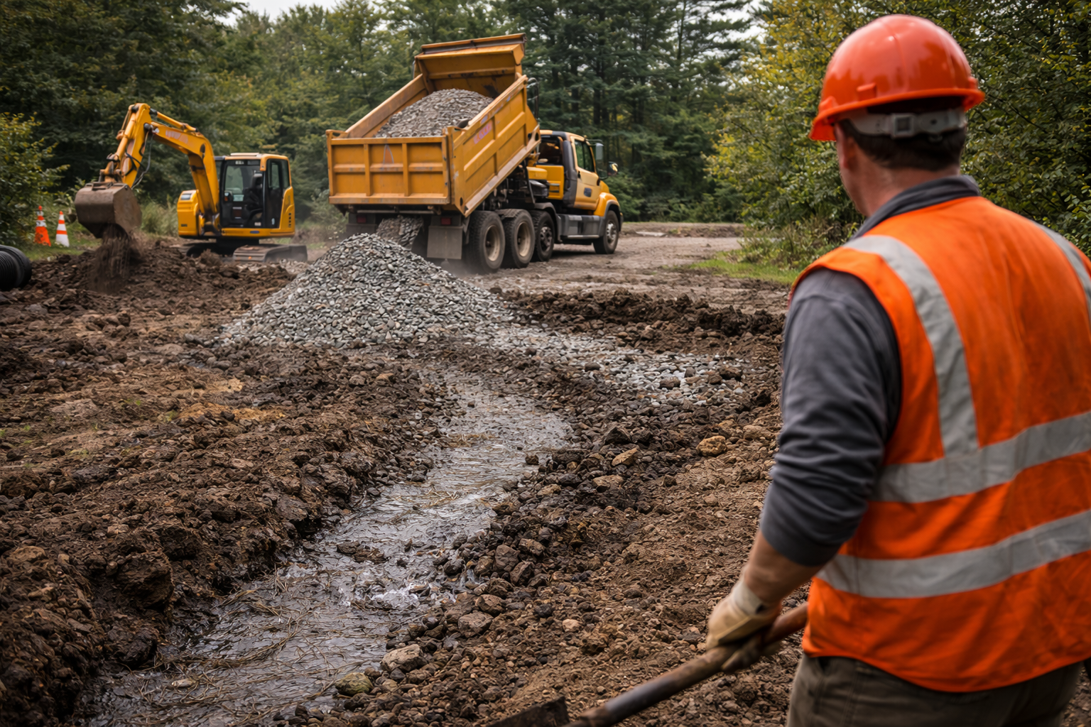 Construction worker supervising gravel being dumped into a trench by a dump truck and excavator.