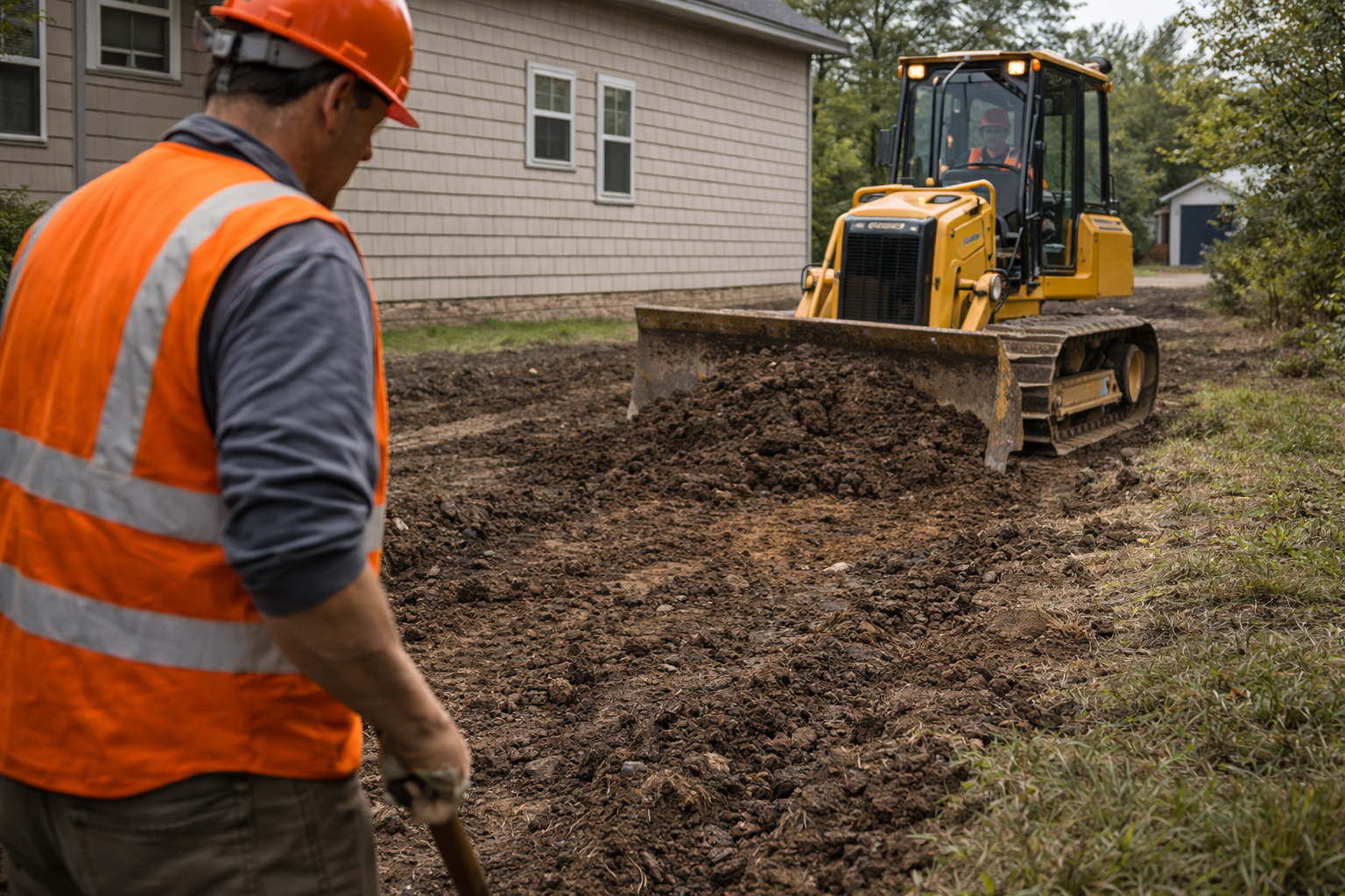 Construction worker in orange vest watches bulldozer leveling dirt.