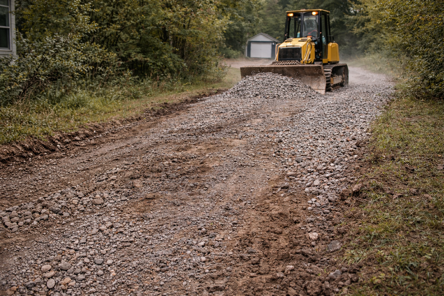 Yellow bulldozer leveling gravel on a dirt road, trees on both sides, overcast sky.