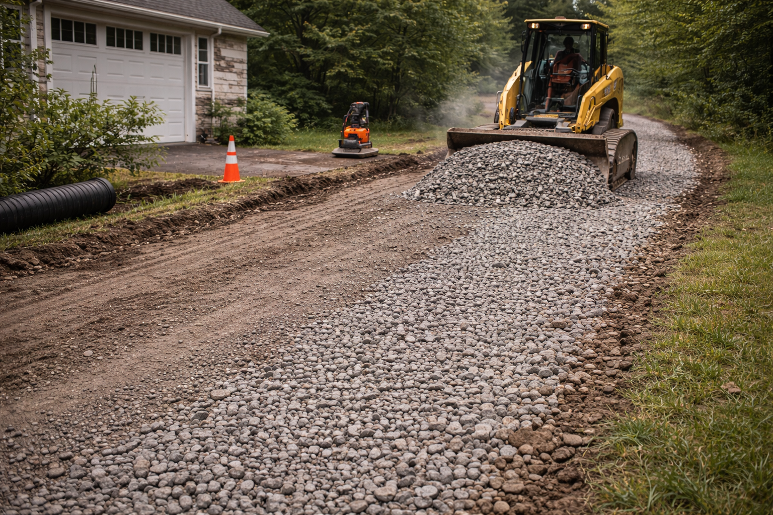A small yellow skid steer spreading gravel on a dirt road next to a house.