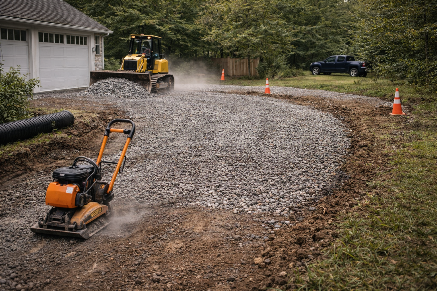 Driveway construction: a bulldozer and a compactor working on a gravel surface.