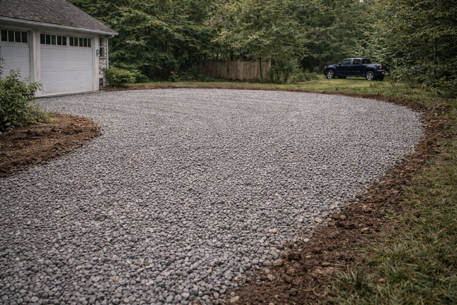Gravel driveway in front of a white garage. A car is parked at the end of the driveway in the background.