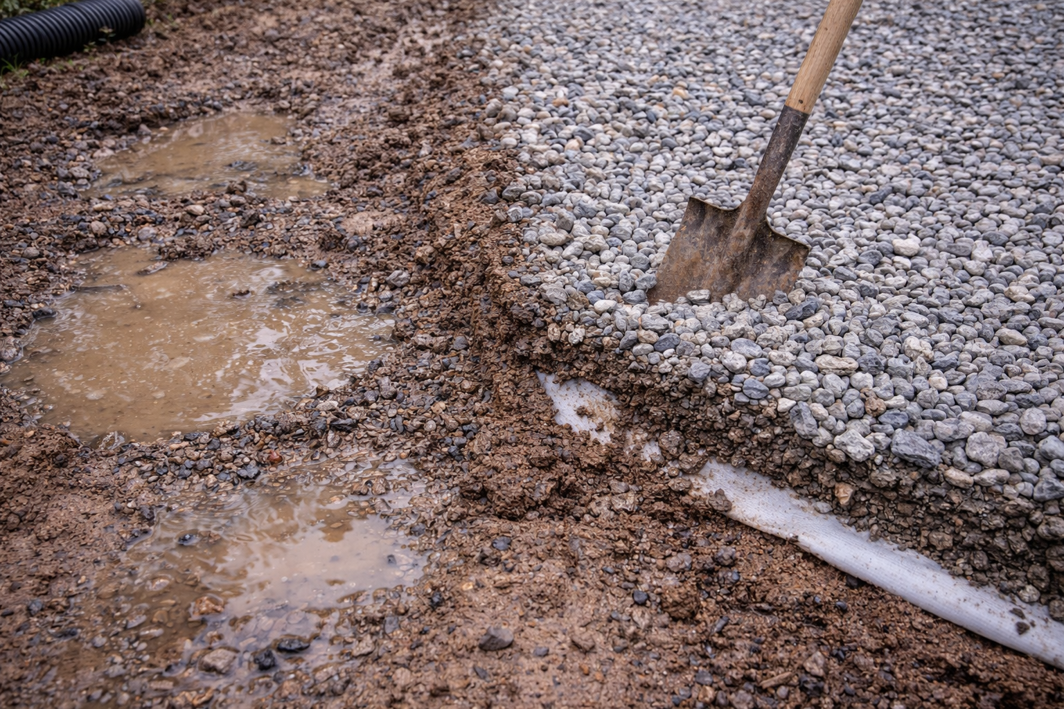 A trench filled with muddy water and gravel, with a white pipe and shovel in use.