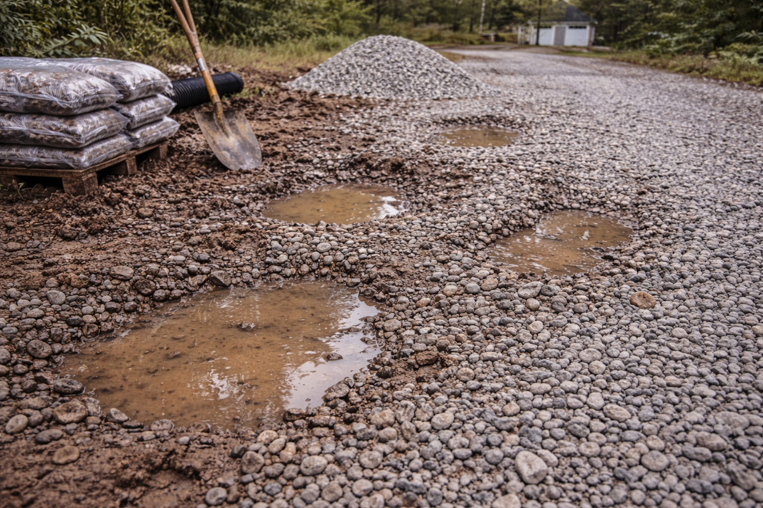 Gravel driveway with puddles and construction materials: bags, shovel, and pile of gravel.