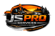 JS Pro Services logo with an excavator, a road, and trees, set against an orange sunset.