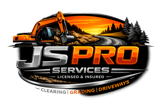 Logo of JS Pro Services featuring an excavator, road, and trees; orange, black, and silver colors.