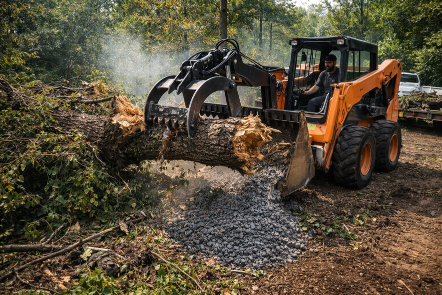 Orange skid steer with grapple lifting a tree trunk, with a person operating it outdoors.