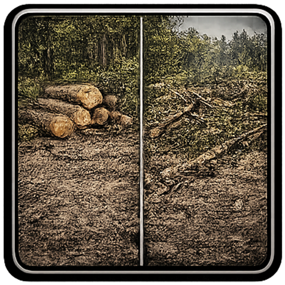 Comparison of a forest before and after logging, with stacked logs on the left and a cleared area on the right.