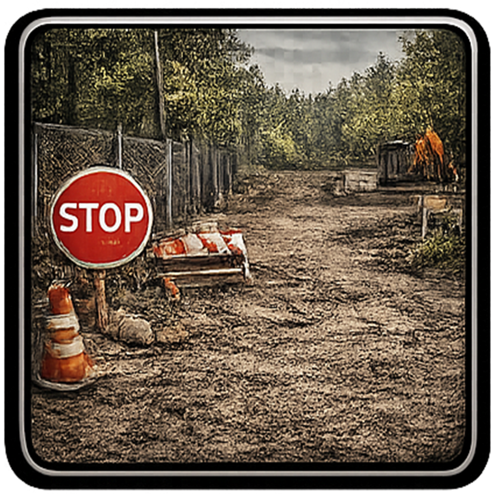 Stop sign, dirt road, dilapidated fence, orange traffic cone, and woods.