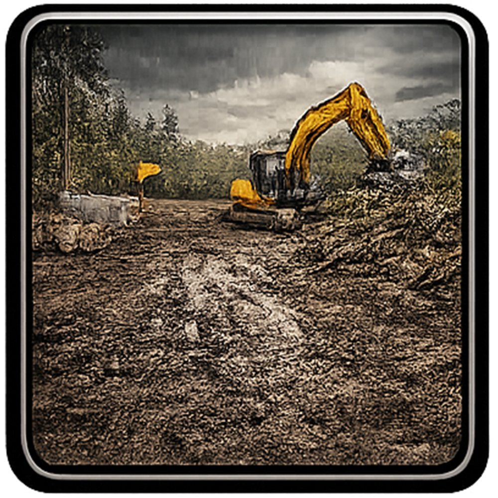 Yellow excavator at a construction site, muddy ground, overcast sky.