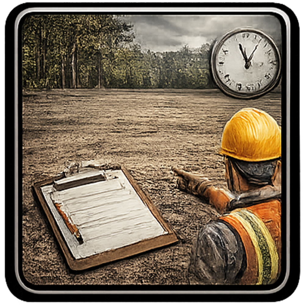 Construction worker points toward worksite, clipboard in foreground, clock in background.