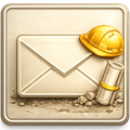 Envelope with hard hat and blueprint, on a construction site.
